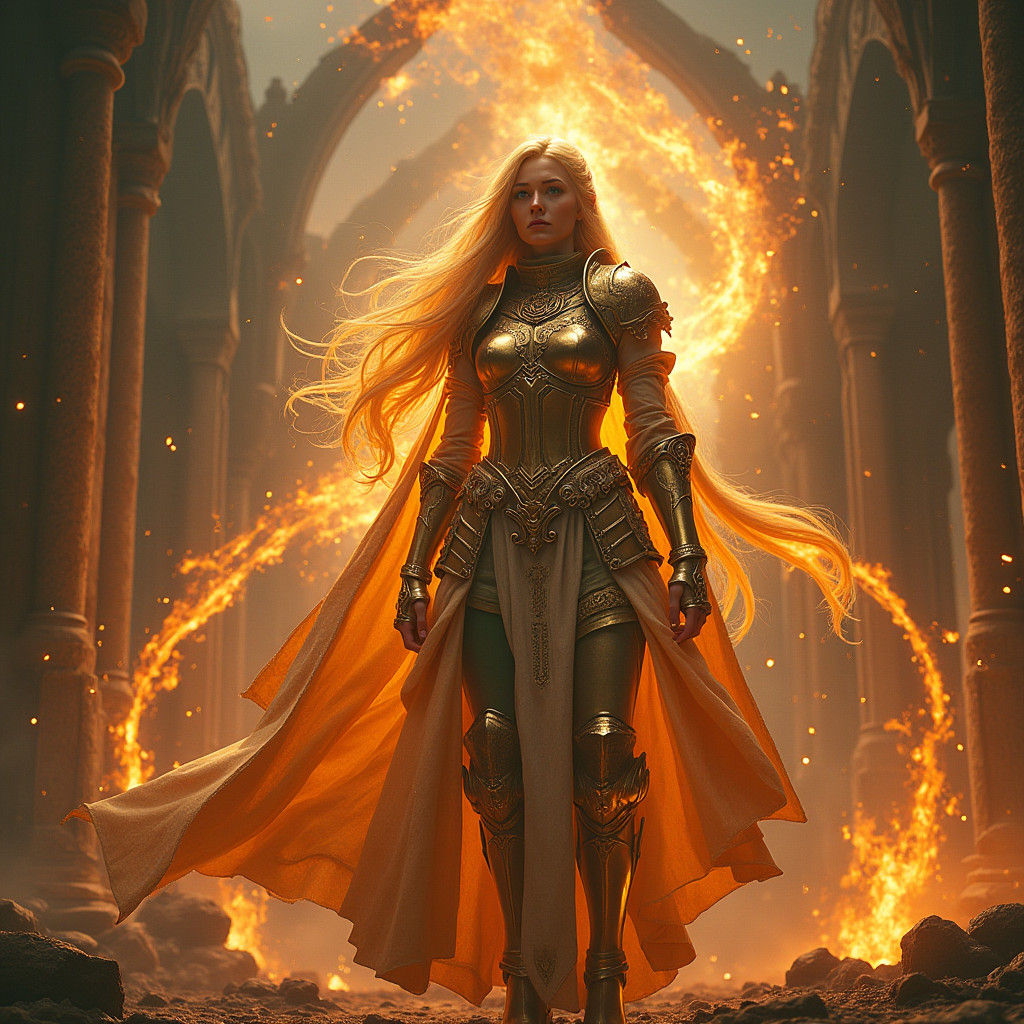 Armored Princess Amidst Swirling Flames