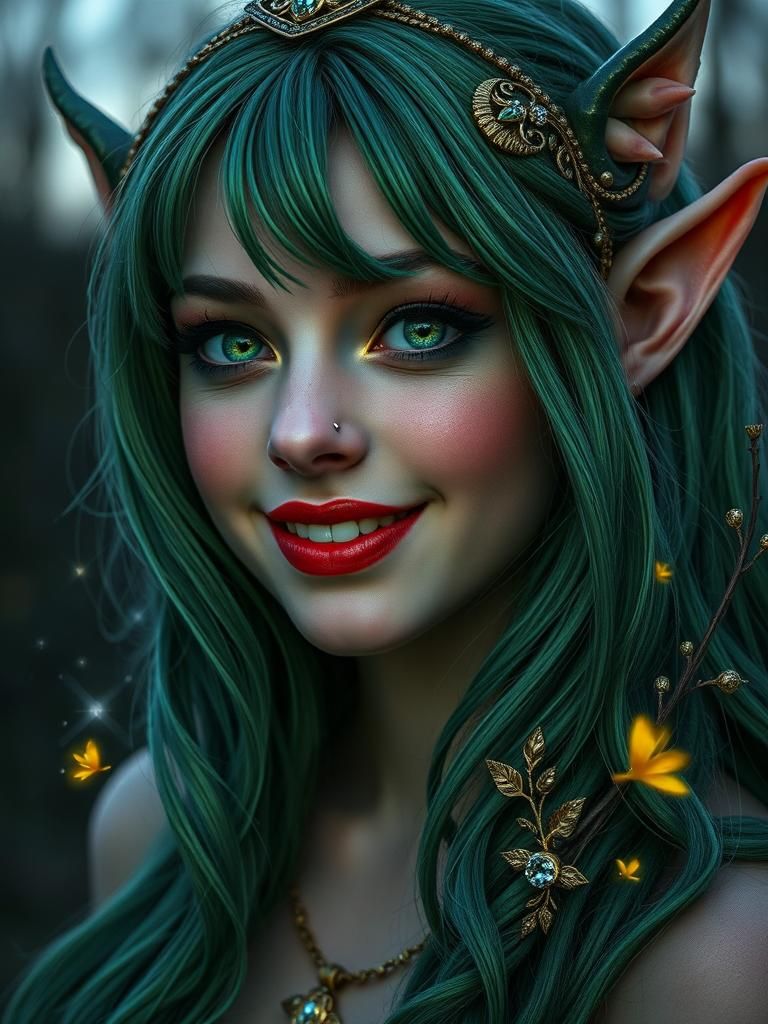 Enchanting Elf Maiden with Emerald Hair: Hyperrealistic Port...