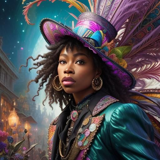 Woman in Maximalist Hat with Exploding Colors