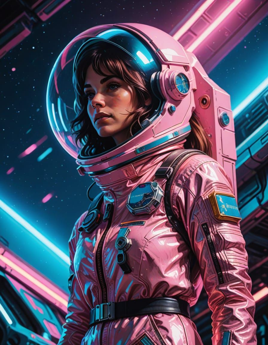 Vintage Futuristic Space Explorer in Neon Hues