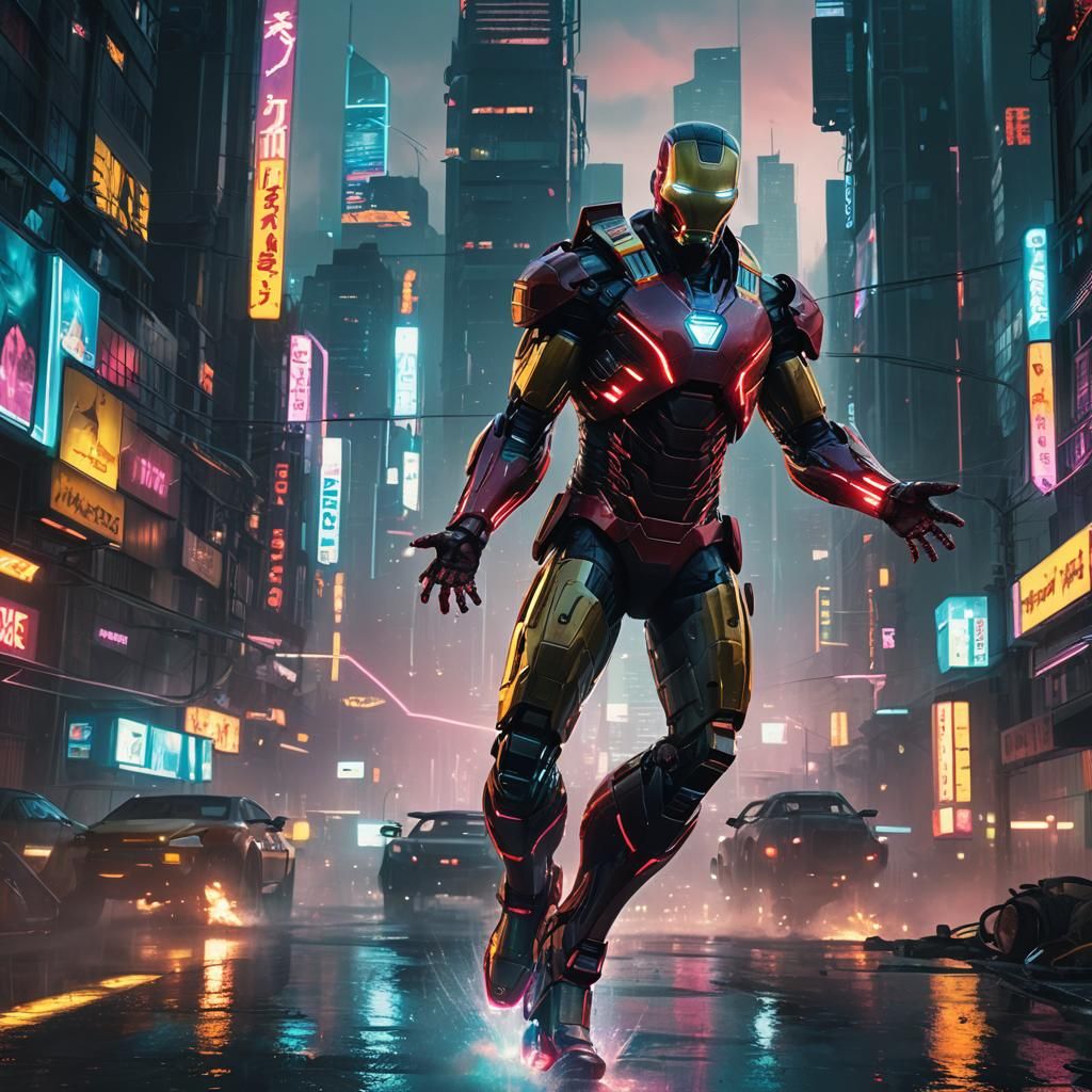 Cyberpunk Ironman in Neon Cityscape