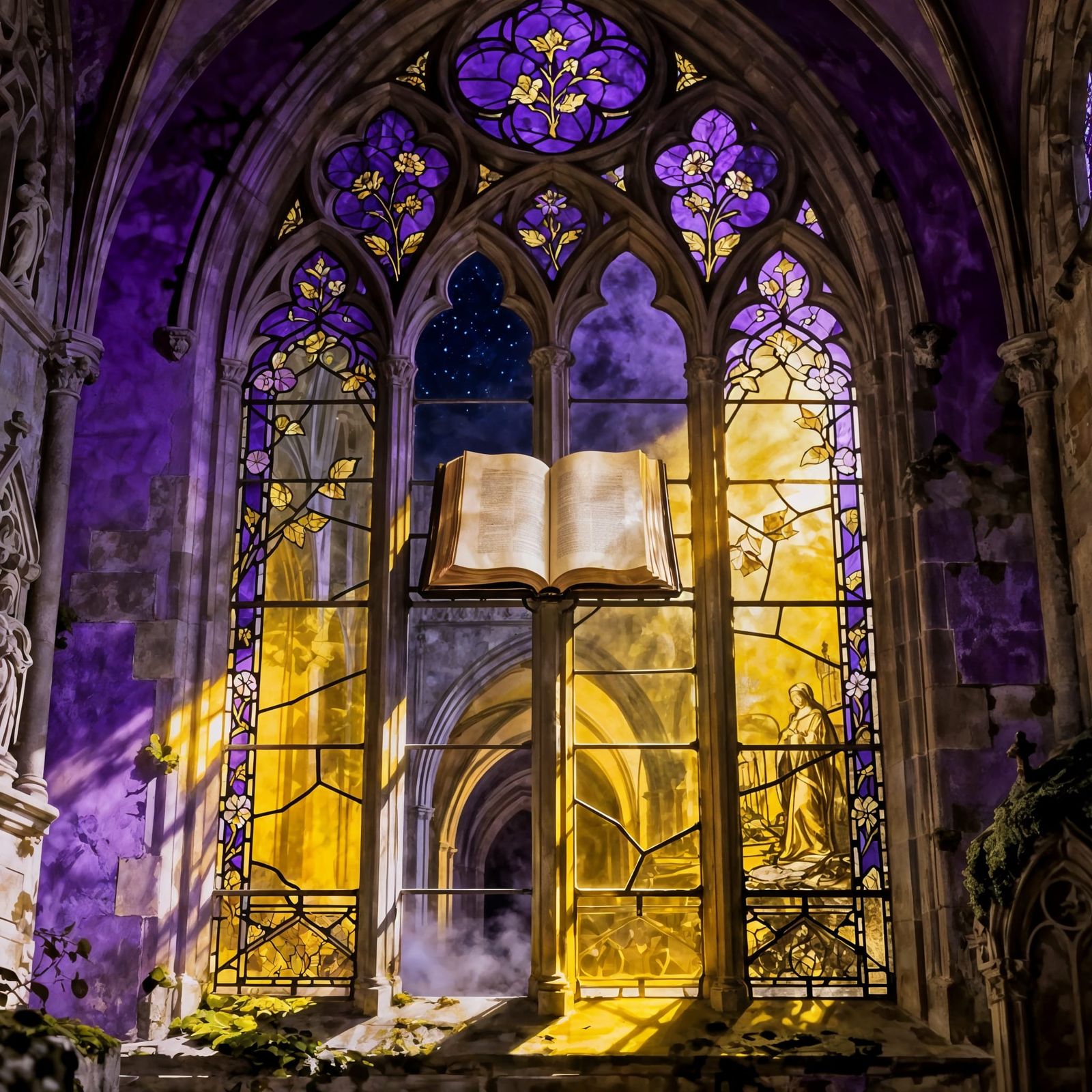 Gothic Stained Glass Book in Violet Hues