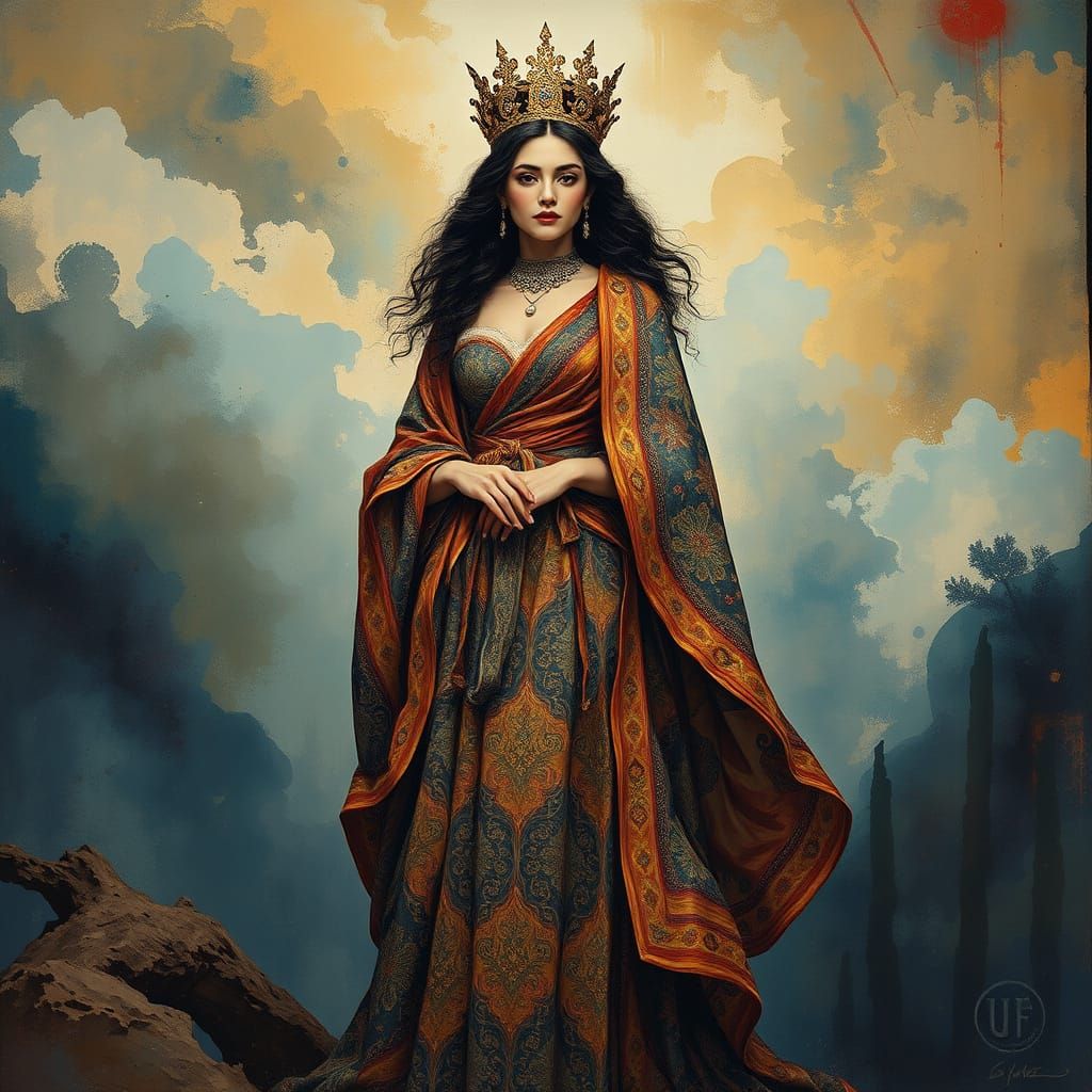 Vibrant Gouache Fantasy Scene with Regal Femme Figure