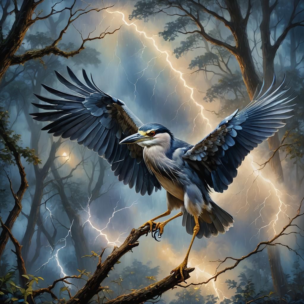 Night Heron in Ethereal, High-Contrast Fantasy Landscape