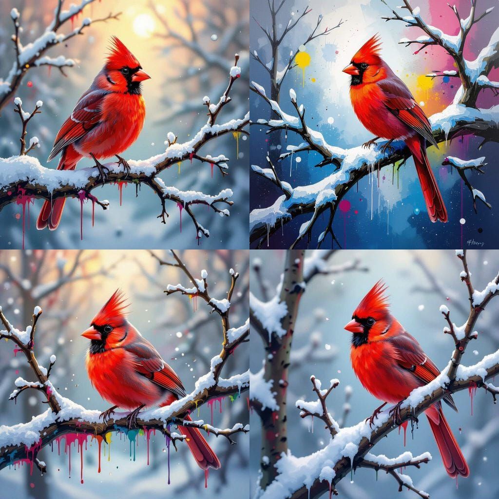Vibrant Cardinal Perched on Snowy Branch in Graffiti Art Sty...