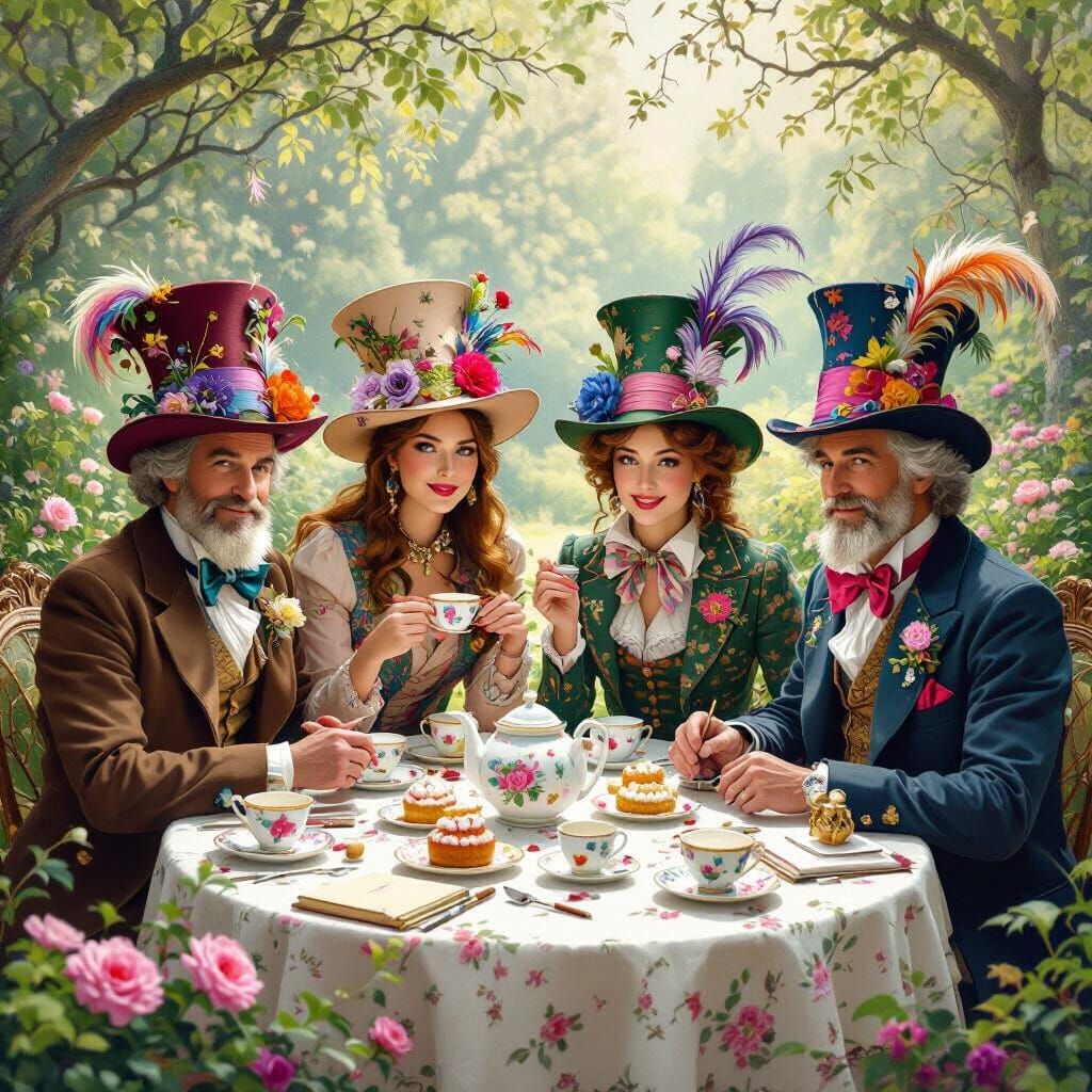 Artists in Whimsical Hats Having Tea Party