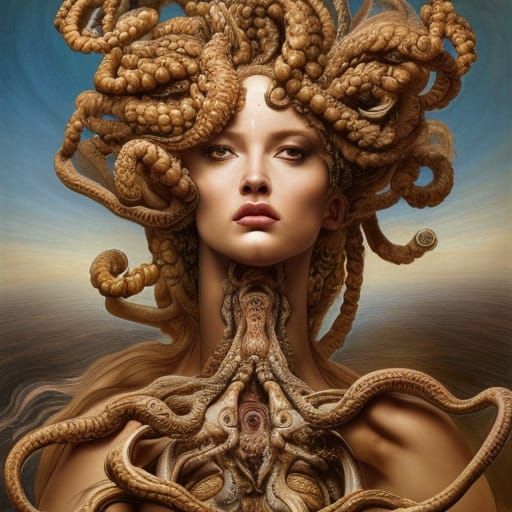 Renaissance Gorgon in Rococo Style, Hyperdetailed Painting