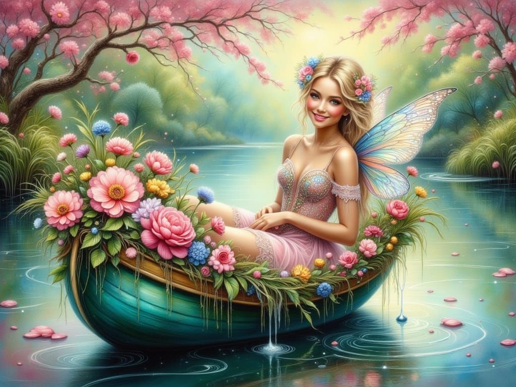 Whimsical Fairy in a Radiant Rowboat Amidst Blooming Beauty