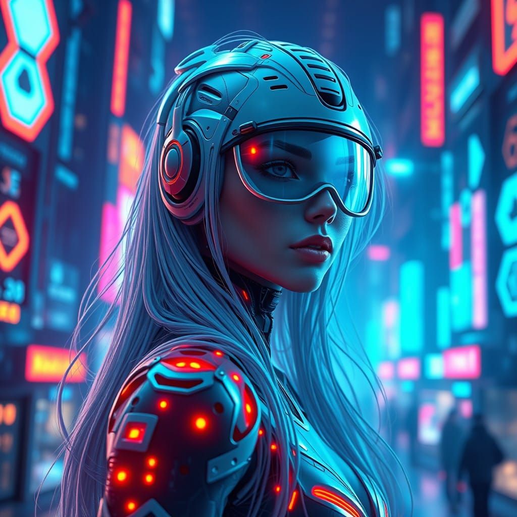 A beautiful, hyperdetailed cyborg girl in a surrealist futur...