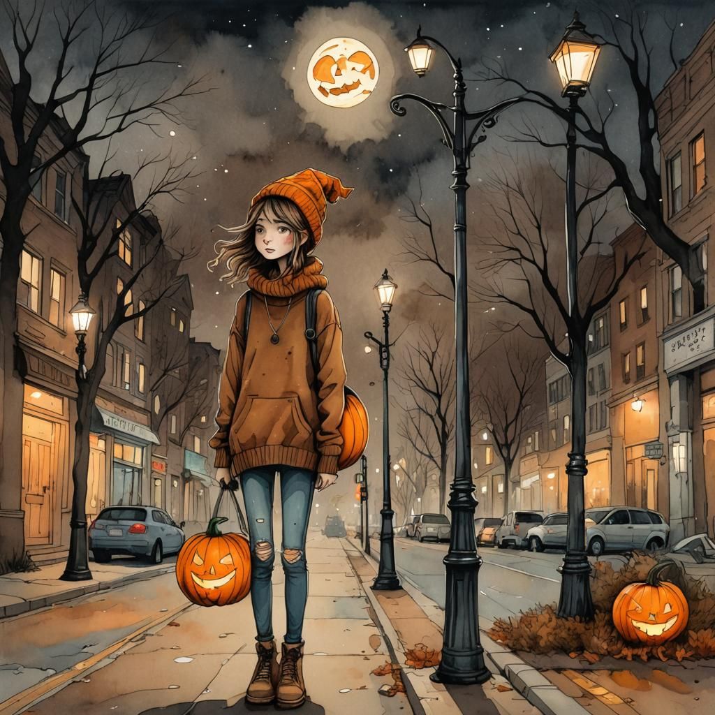 Jack-o-Lantern Teen: Whimsical Pen and Ink Illustration