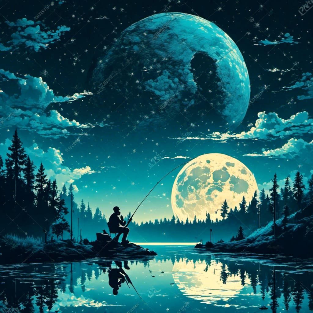 Man Silhouetted on Moon, Fishing