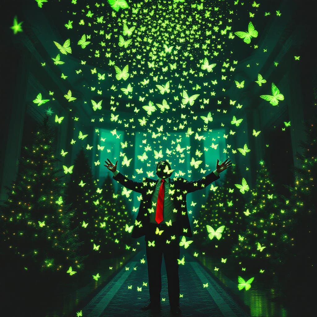 Man Covered in Bioluminescent Butterflies in White House Hal...