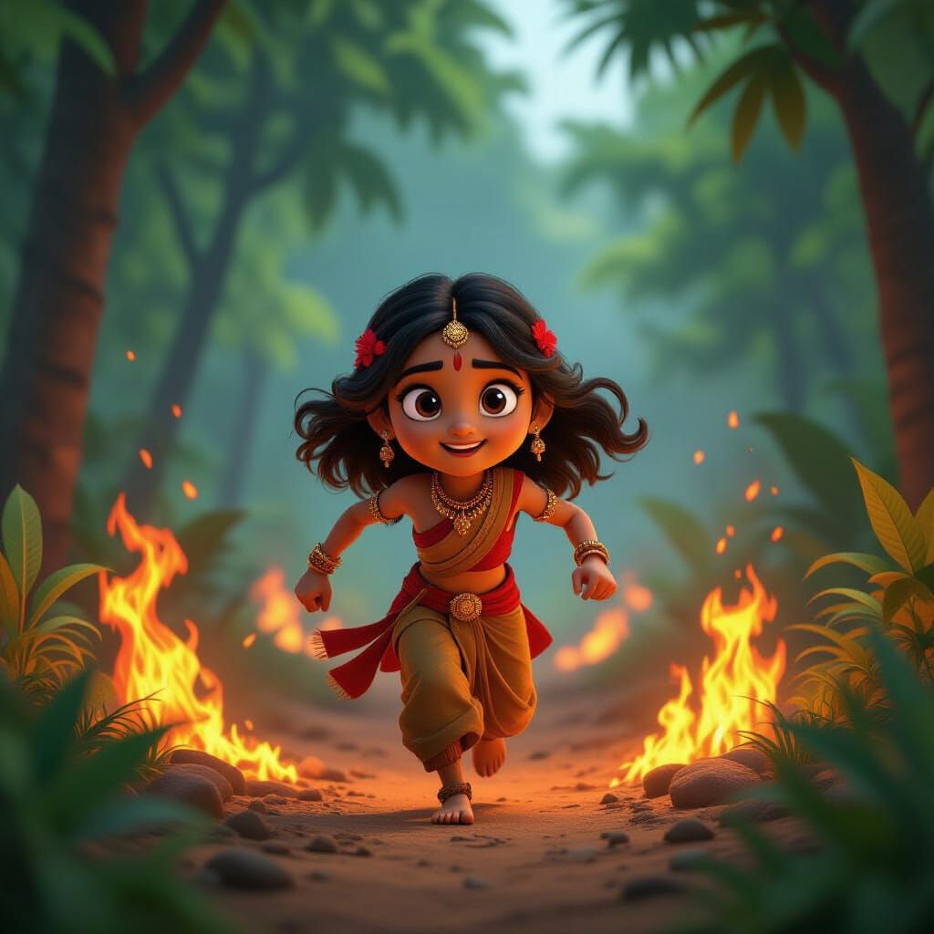 Courageous Dini Runs Into Burning Jungle, 3D Cartoon