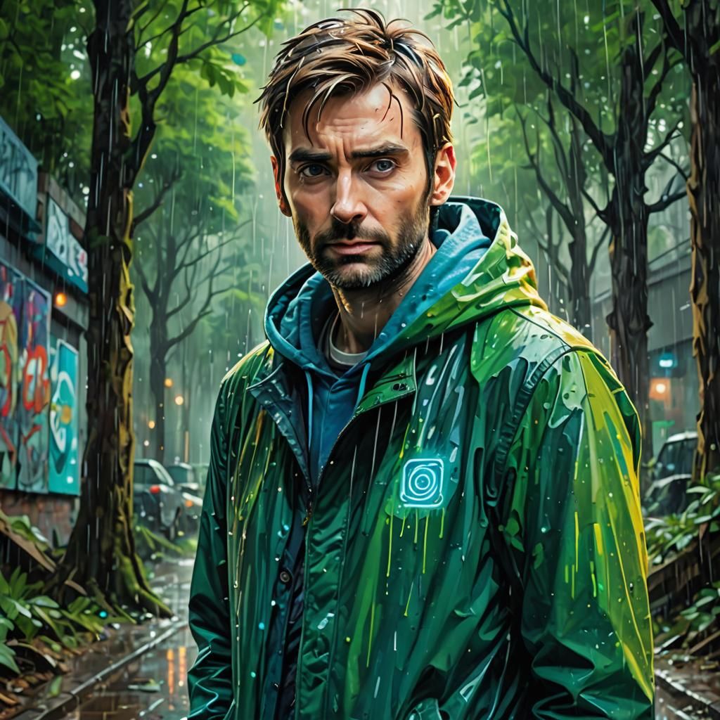David Tennant in Graffiti Art Style Under Rain