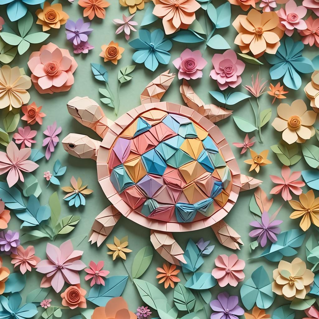 Colorful Origami Tortoise in Paper Garden
