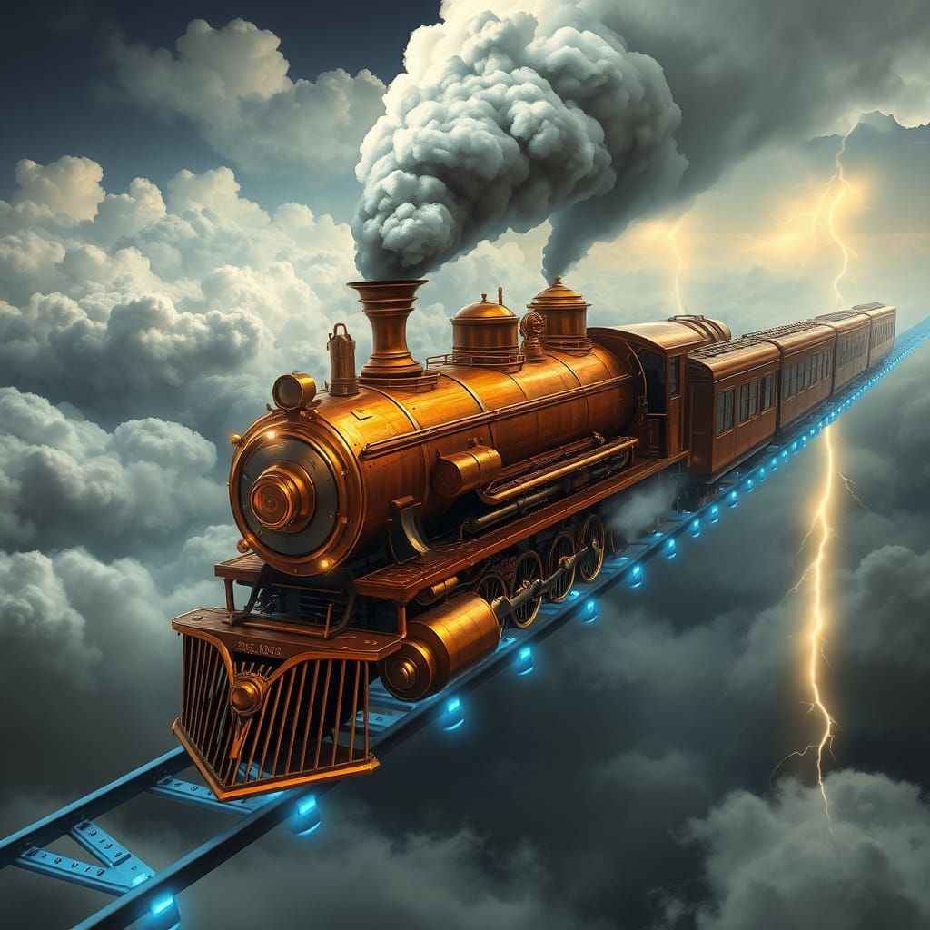 Majestic Steampunk Train Soars Above Turbulent Thunderstorm