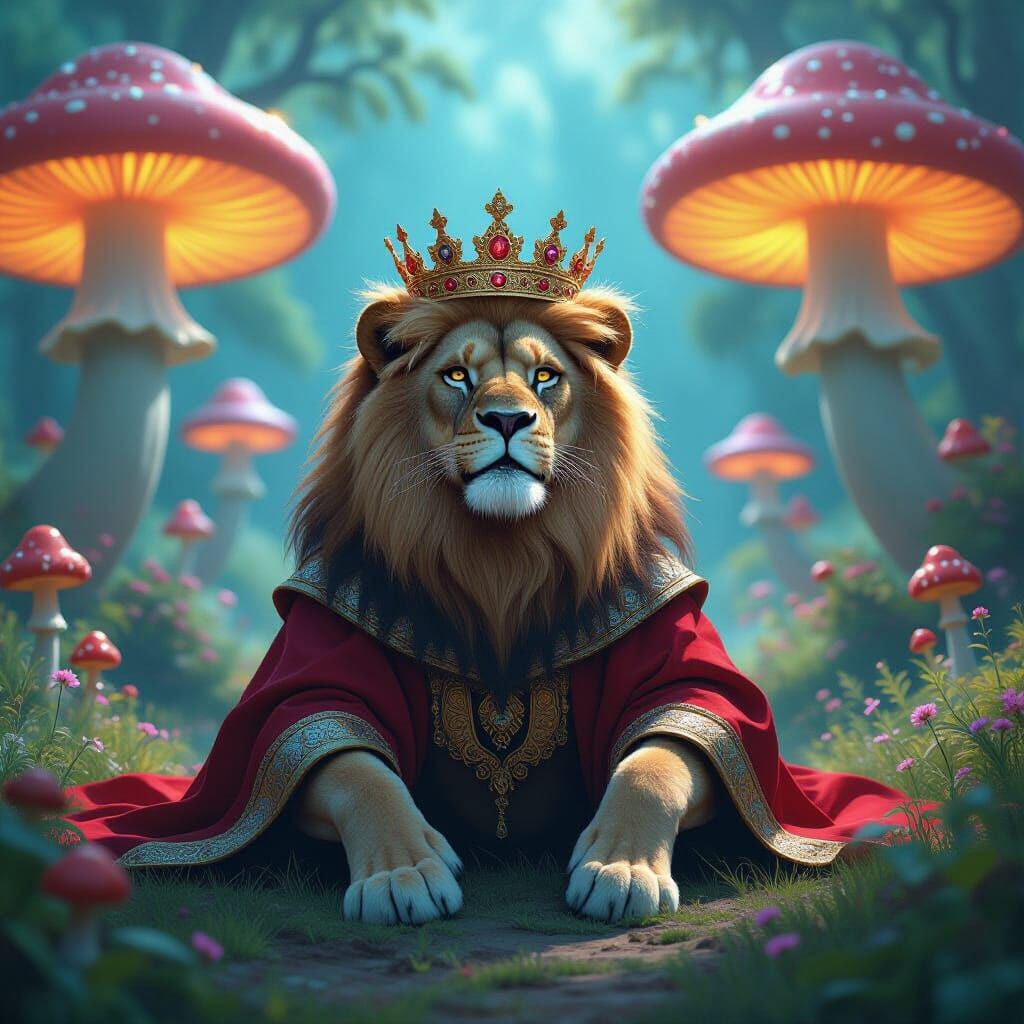 Lion King in Magic Mushroom Fantasy Landscape