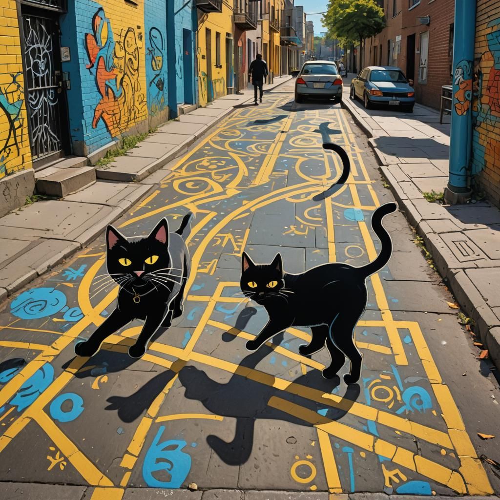 Cartoon Black Cat Crossing Path, Graffiti Art