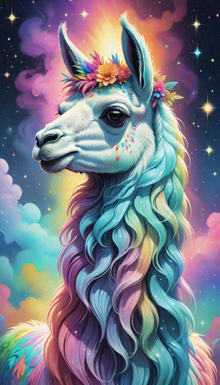 Magical rainbow llama illustration in pale pastels