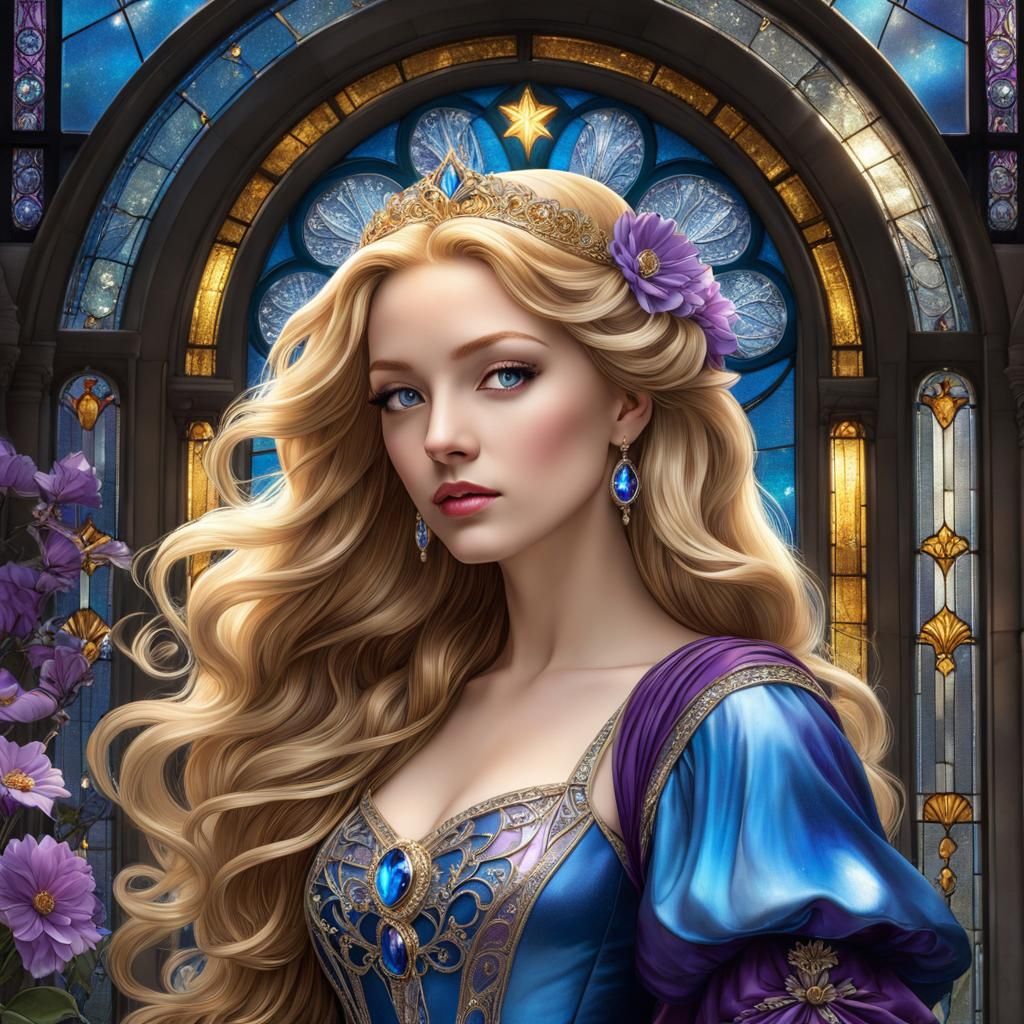 Golden Haired Princess in Art Deco Stained Glass