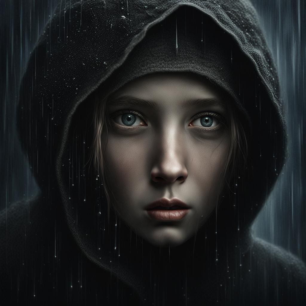 Rain Woman Portrait in Mixed-Media Style