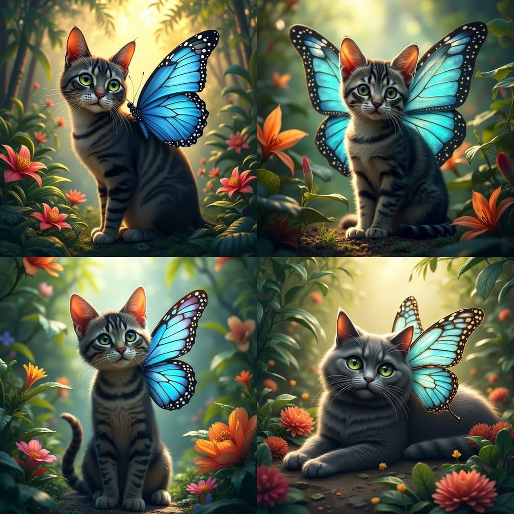 Exotic Tabby Cat with Vibrant Blue Butterfly Wings in Tropic...
