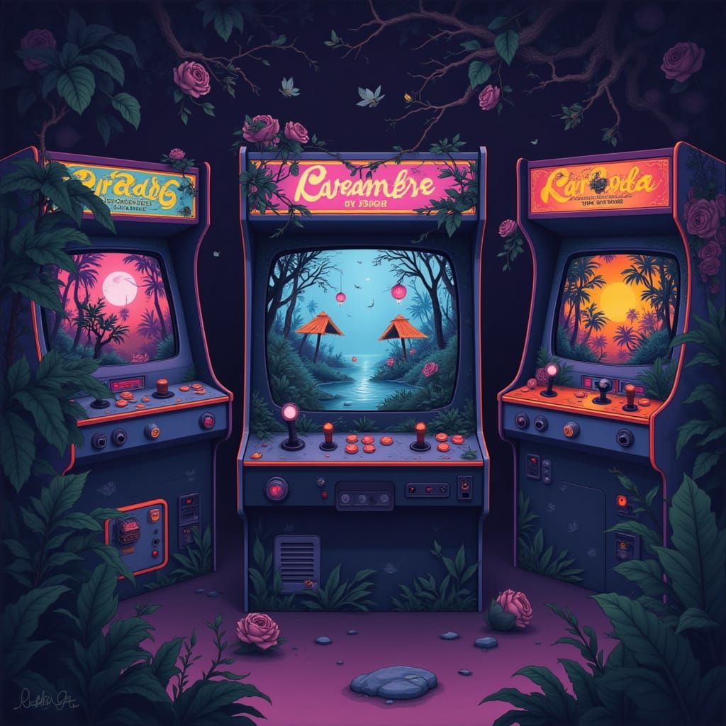 Retro Arcade Cabinet Displays Alien Jungle in Vaporwave Styl...