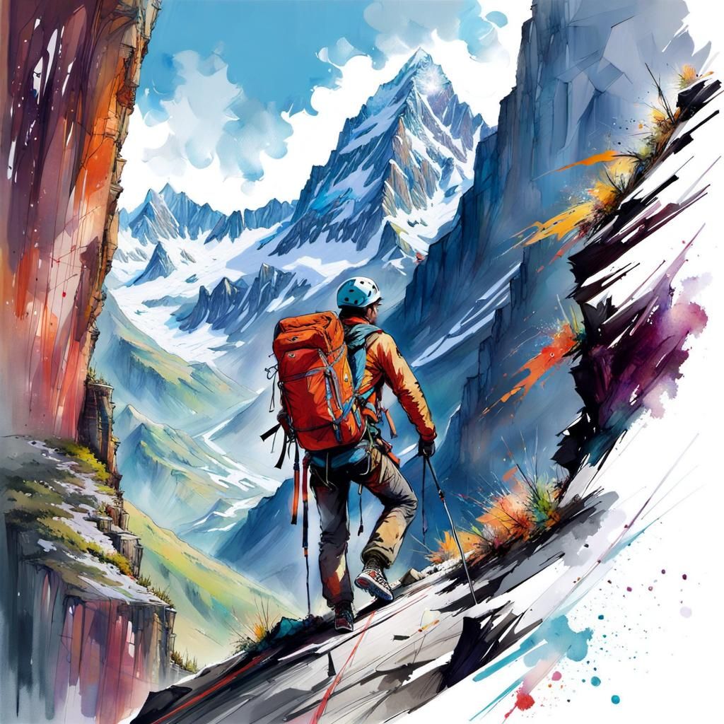 Mountain Climber Ascends Peak in Mixed Media Style