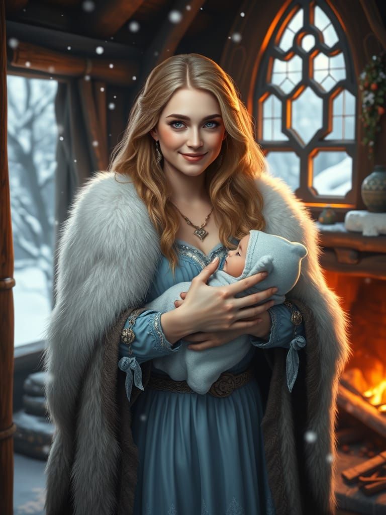 Norse Goddess Freya Enjoys Winter with Her Child