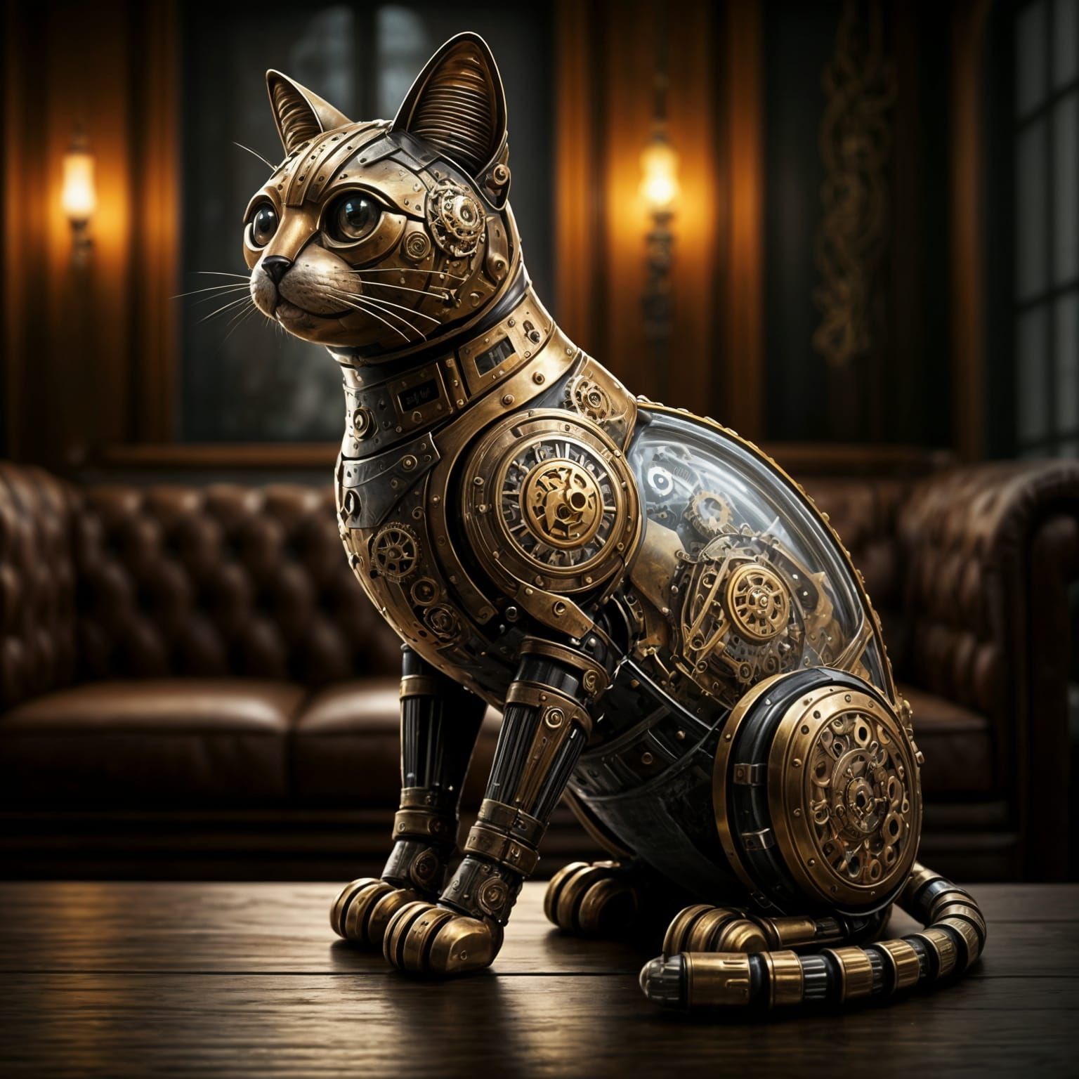 Steampunk Clockwork Cat in Industrial Living Room