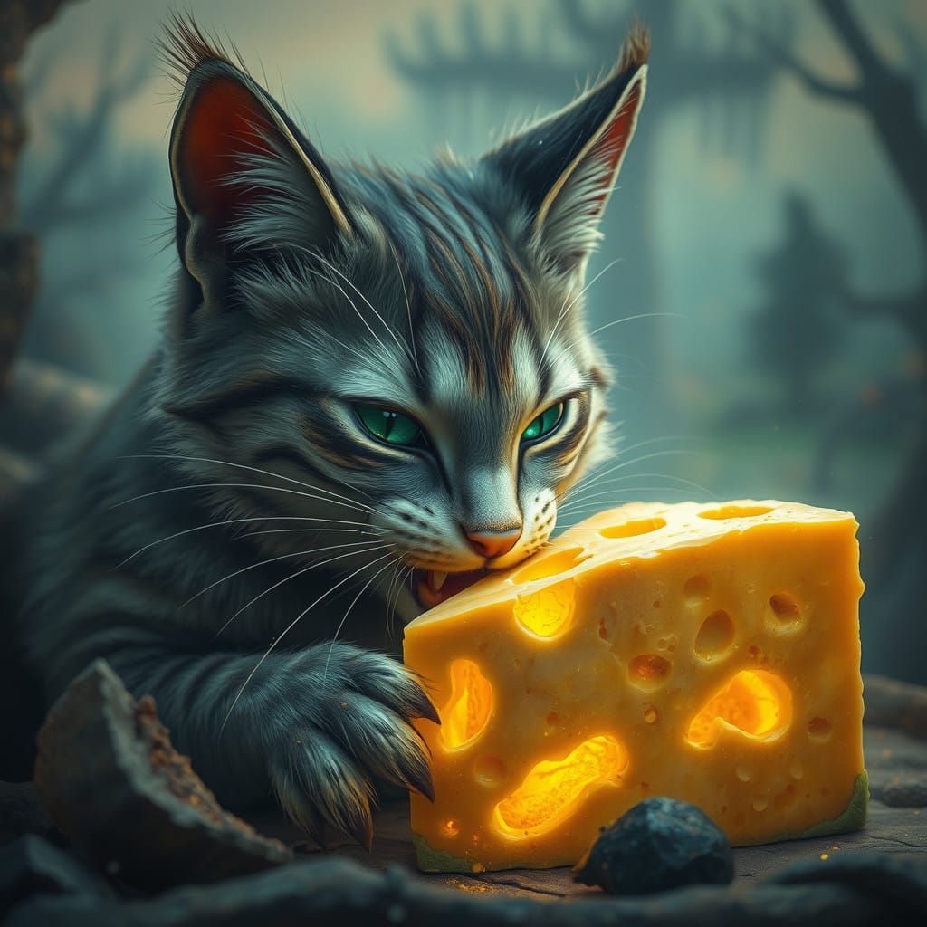 Surreal Feline Devours Glowing Cheese in Dreamlike Landscape