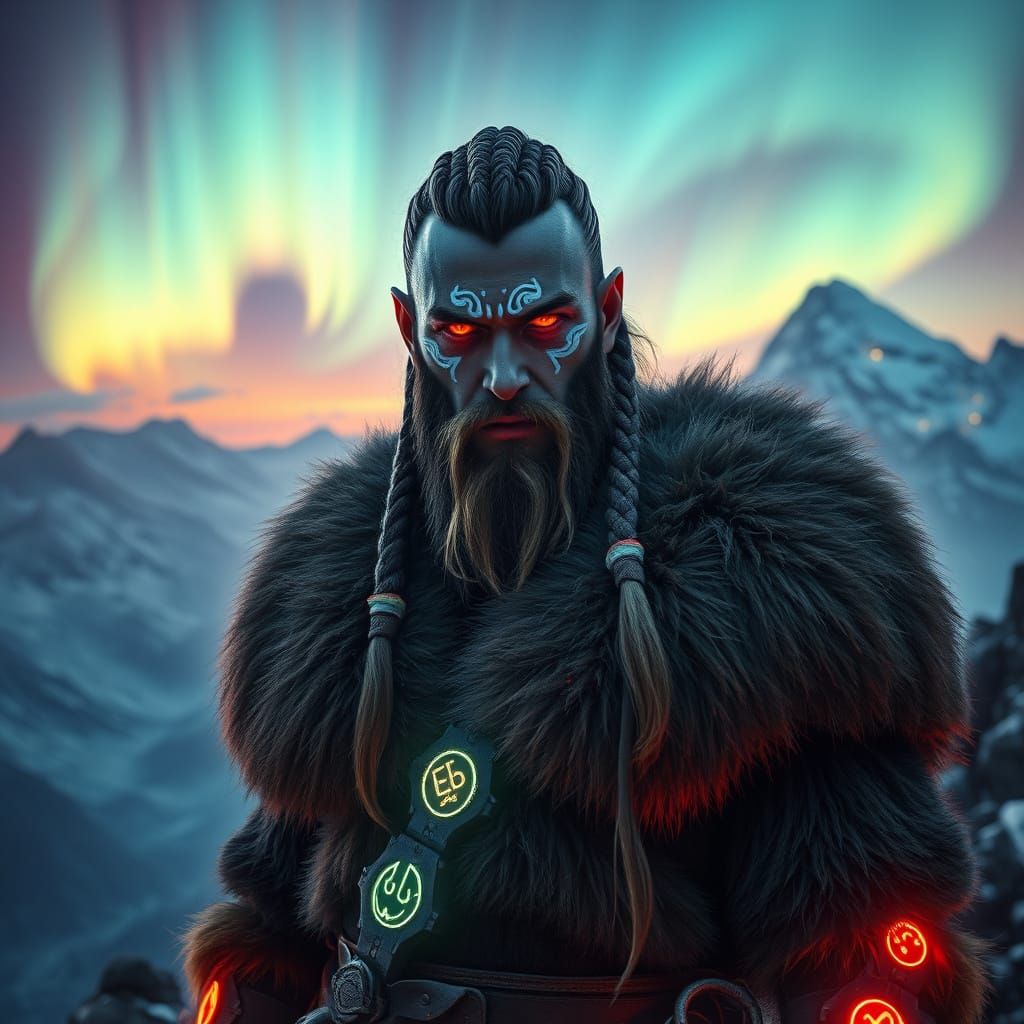 Futuristic Viking Warrior on Neon Mountain Peak