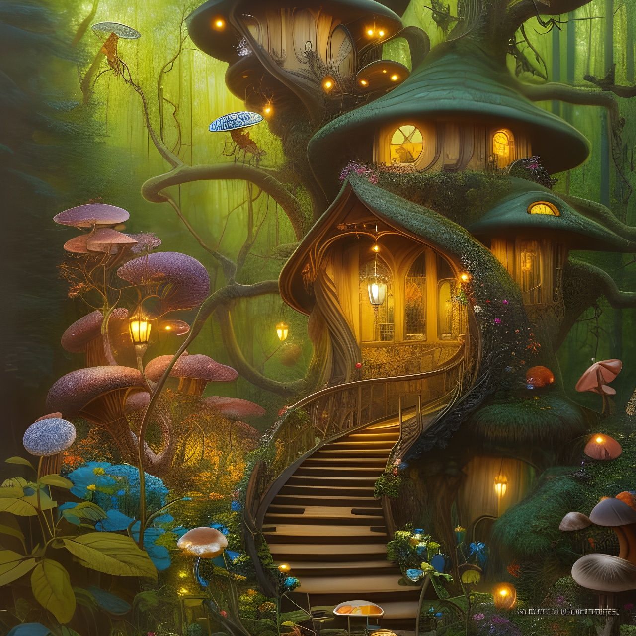 Elvish Treehouse Stairway in Art Nouveau Style