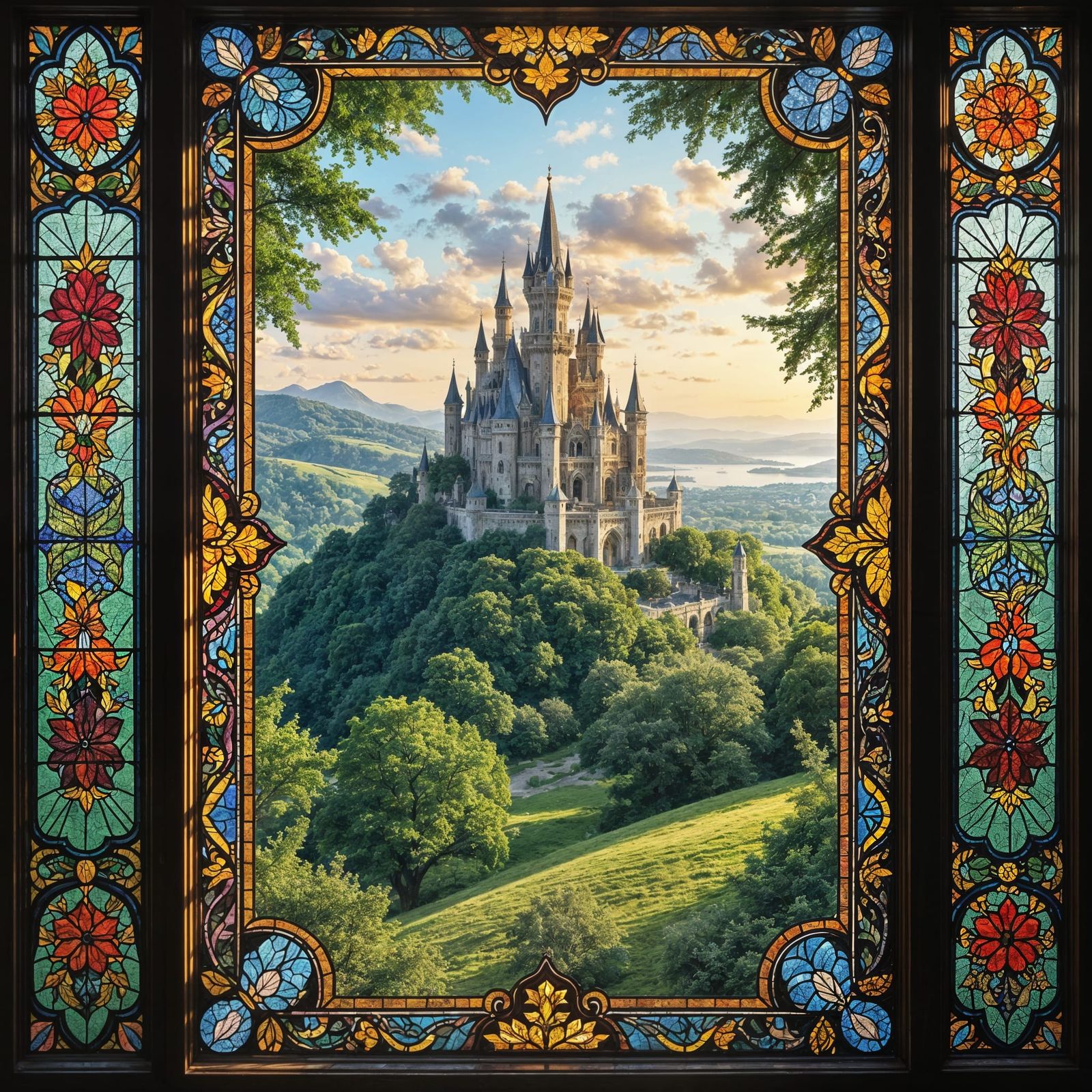Stained Glass Castle Above Verdant Landscape