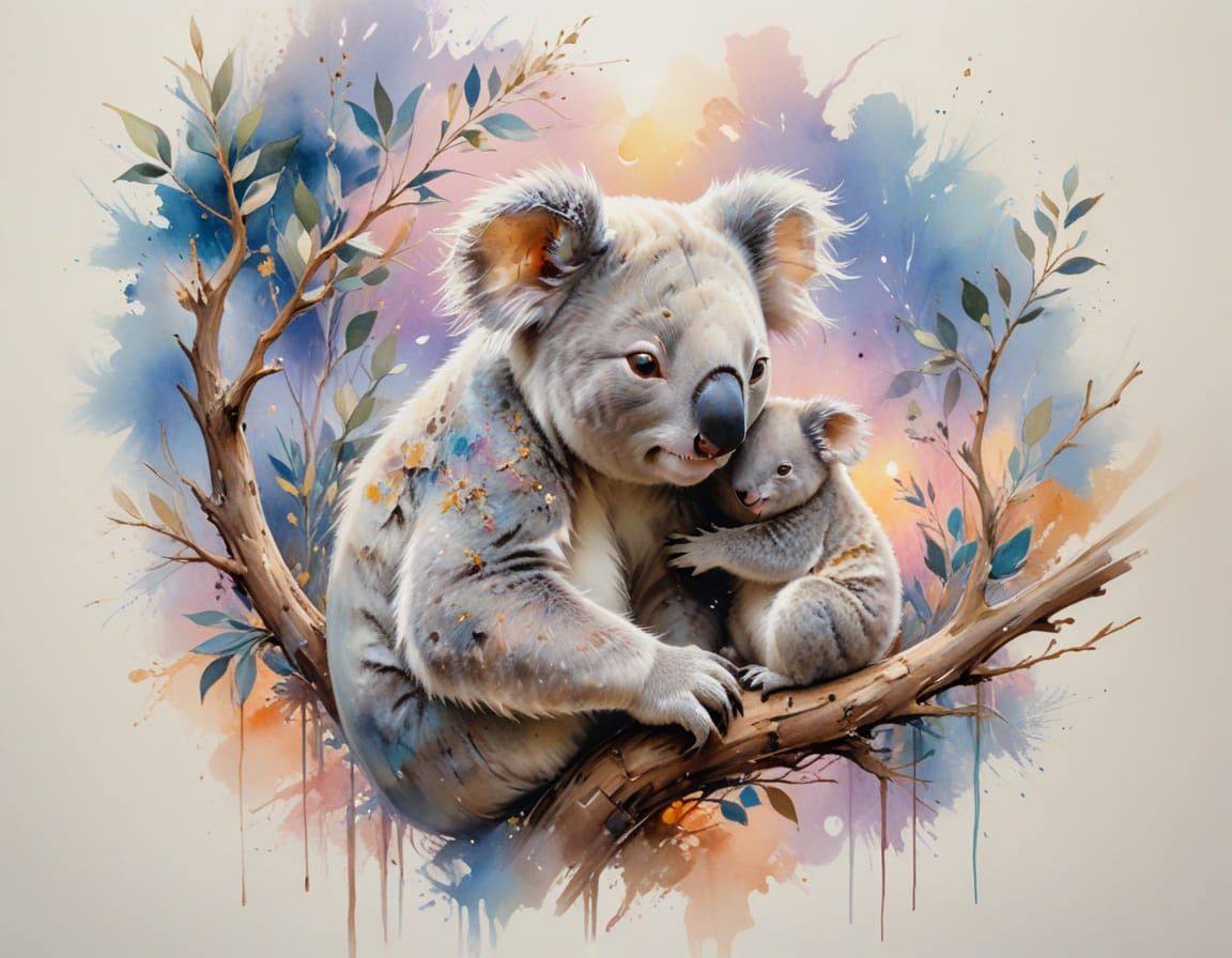 Koala and Joey in Eucalyptus Tree, Alcohol Ink Style