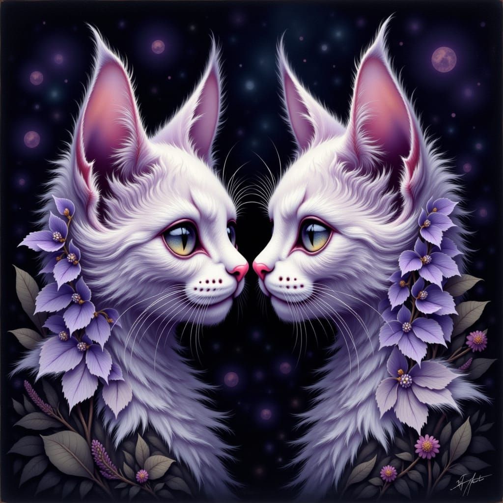 Botanical Cat Faces in Lavender and White Flowers