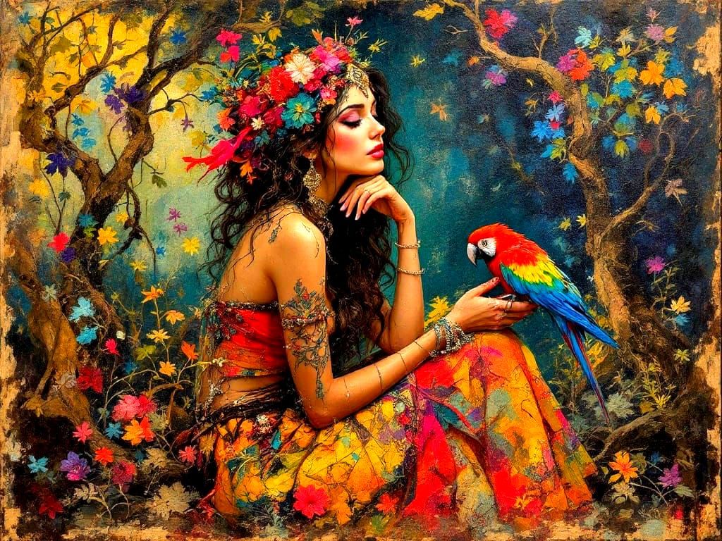 Roma Gypsy Girl with Parrot, Expressionist Oil Painting