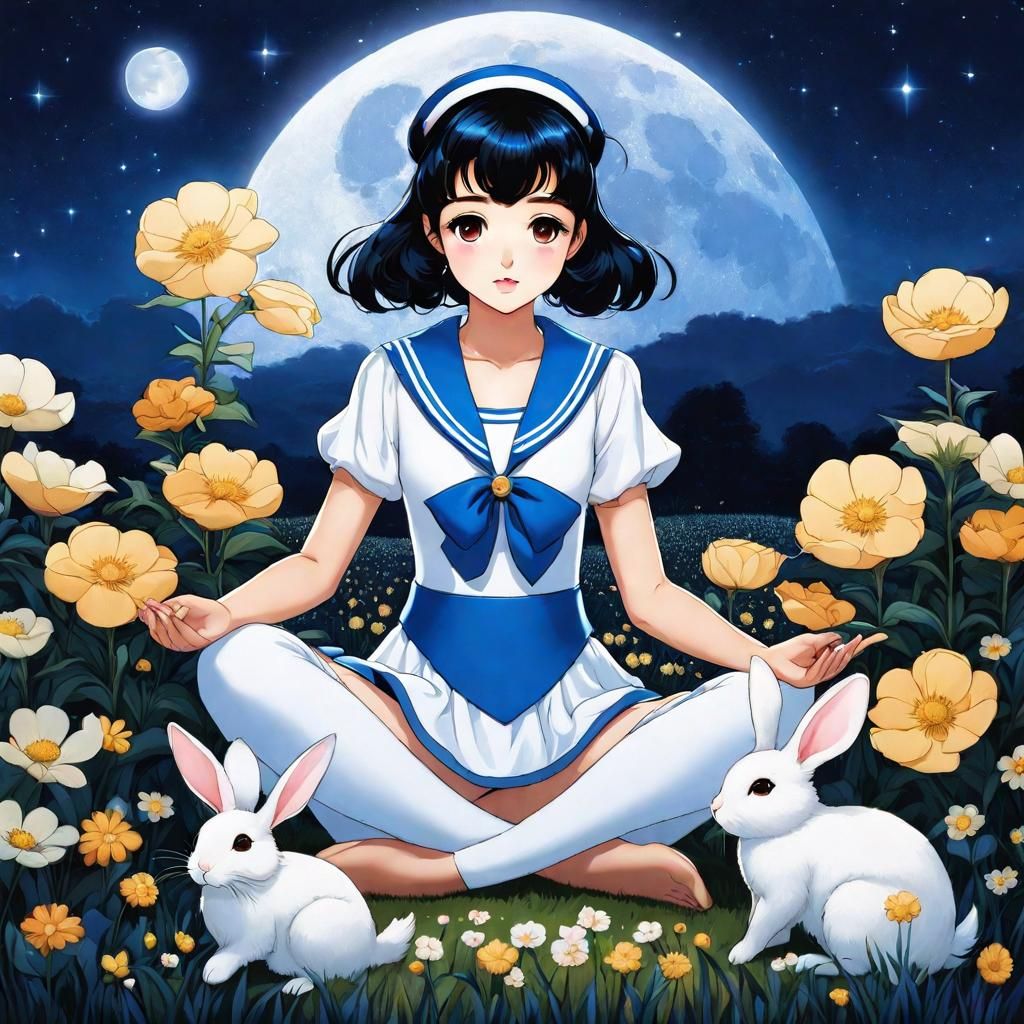 Sailor Mercury Moon Meditating with Rabbits
