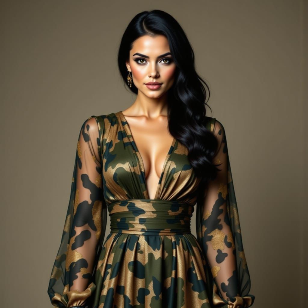 A glamorous woman wearing a camouflage gown.<lora:Fashionabl...