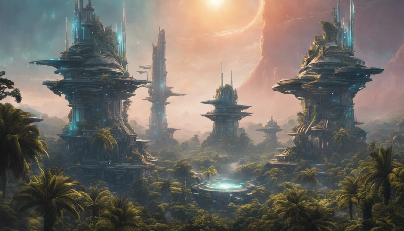 Cyberpunk City Towers Over Alien Jungle World