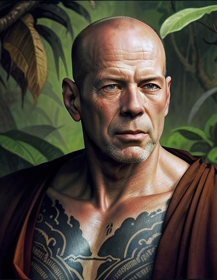 Buddhist monk Bruce Willis in the jungle