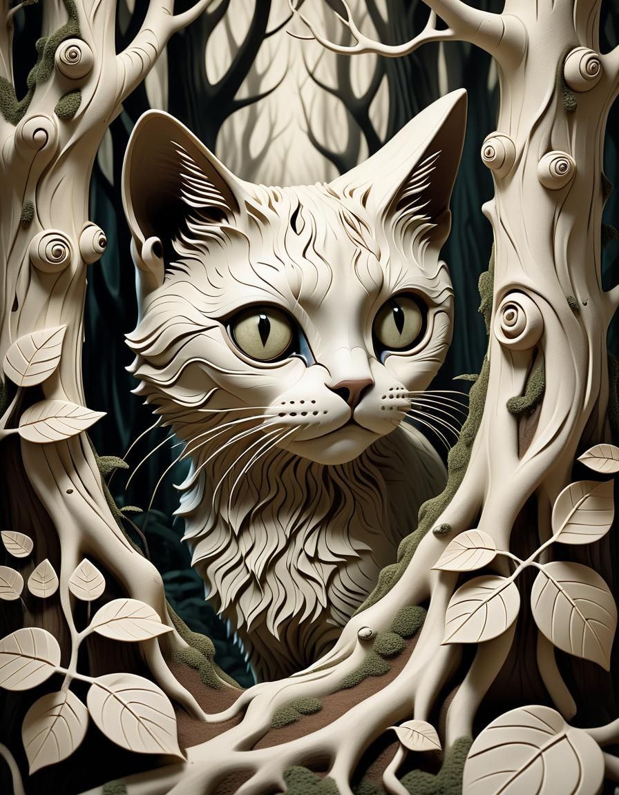 Surreal Cat in High Relief Forest, Tim Burton Style