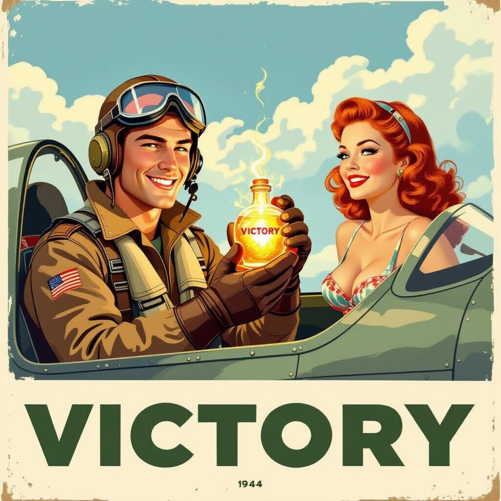 WW2 Pilot Holds Victory Potion in 1940s Poster Style