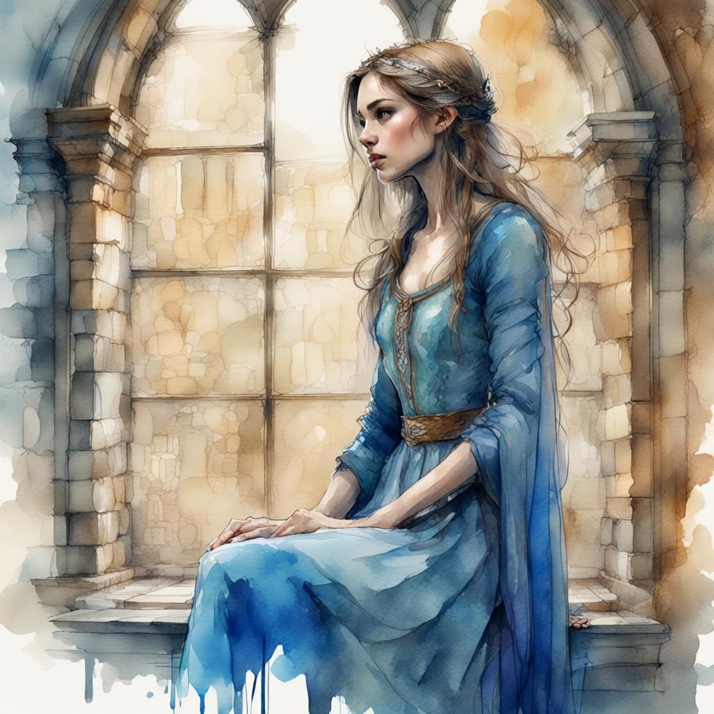 Medieval Maiden in Watercolor Sketch Style