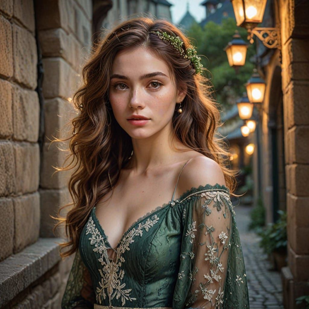 Fantasy Portrait: Woman Gazes Over Shoulder with Floral Hair