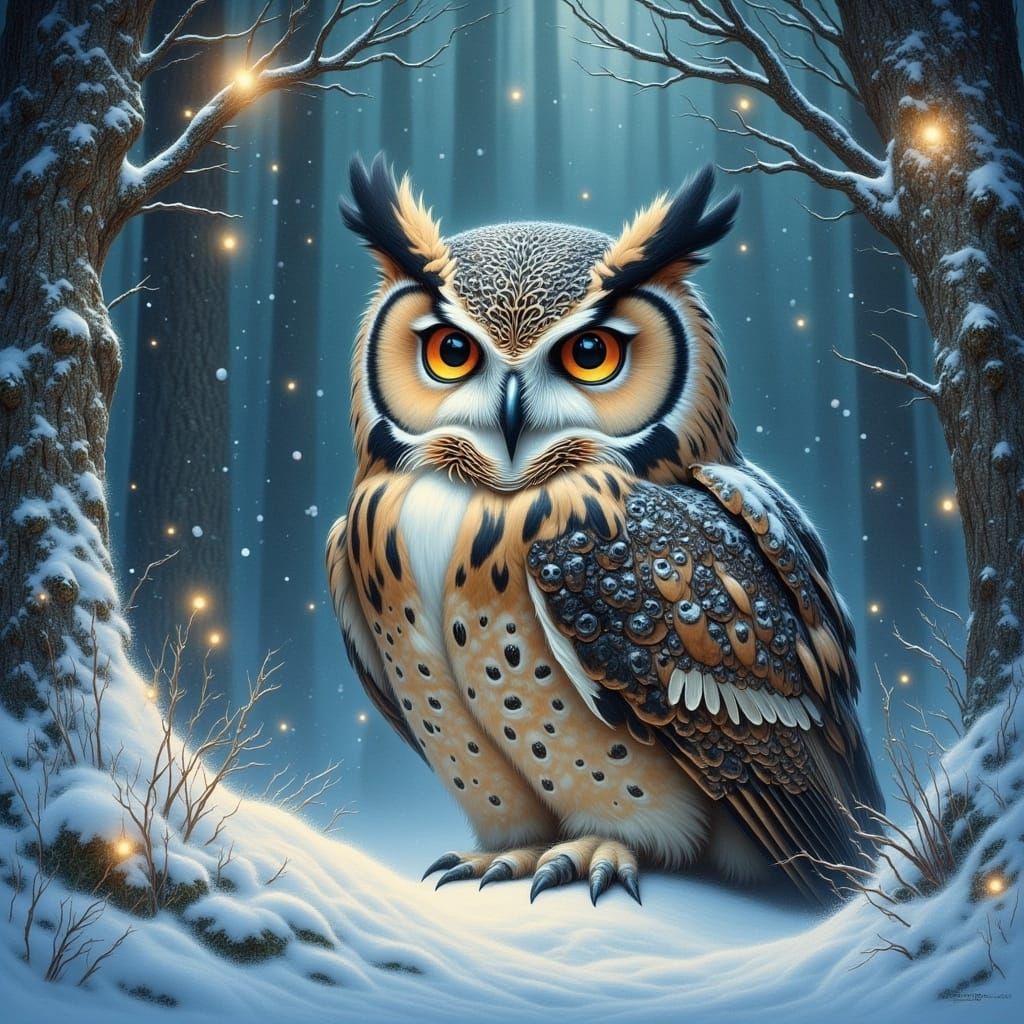 Mystical Great Horned Owl in Winter Woodland Scene