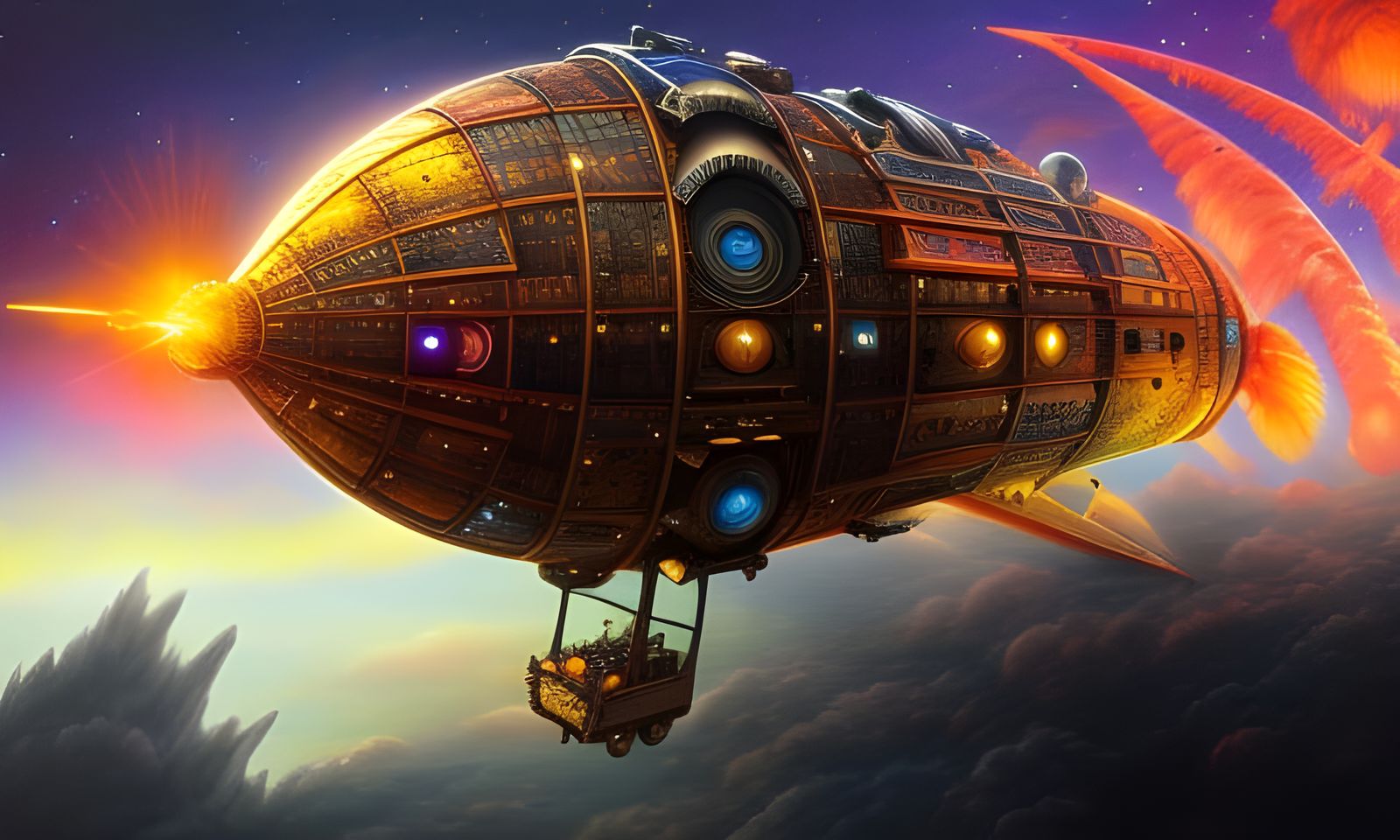 Steampunk Airship Soars Through Night Sky: Crayon Drawing