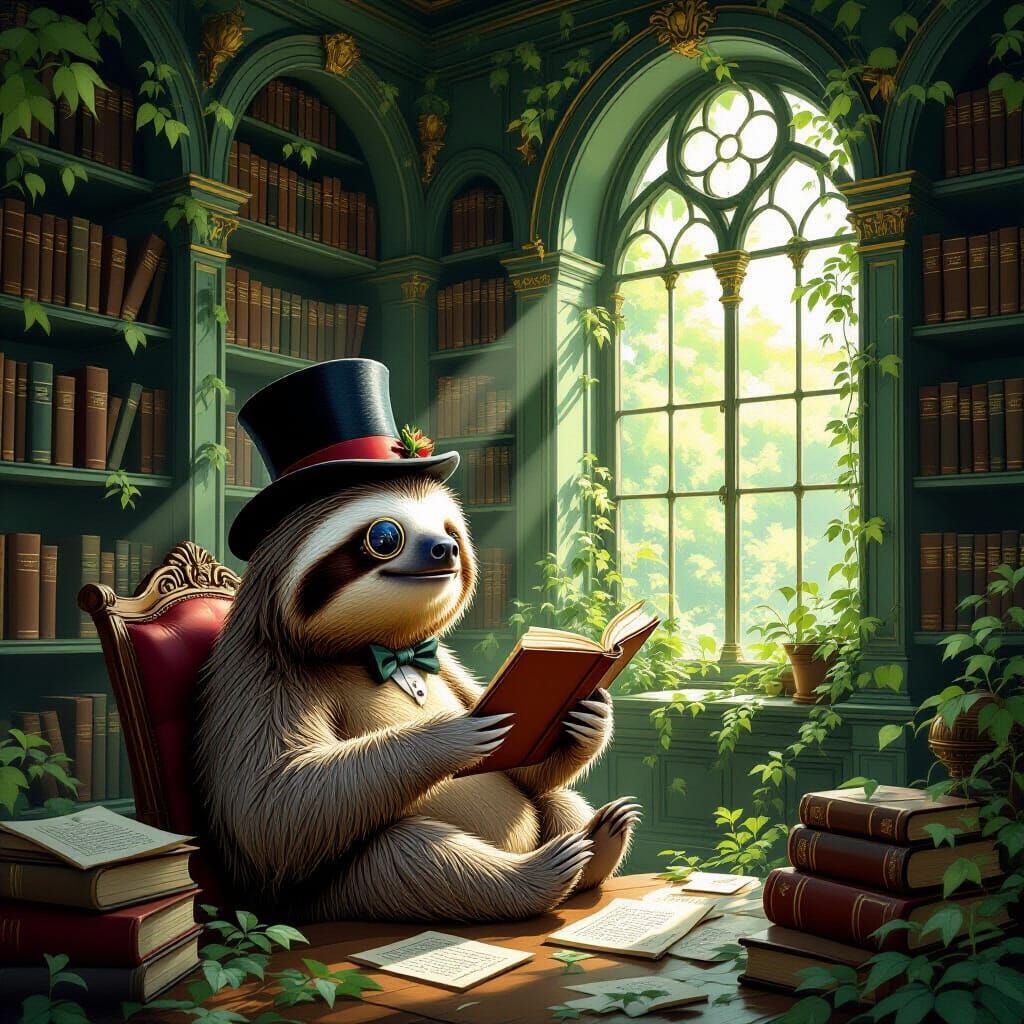 Whimsical Sloth Explores Overgrown Victorian Library