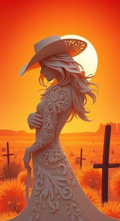 Cowgirl in Desert Frontier as Papercraft Art