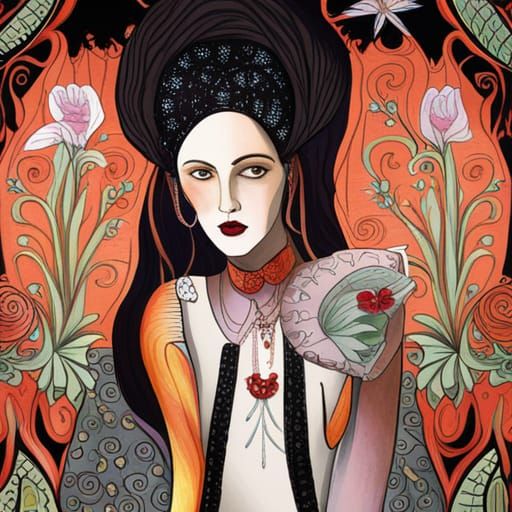 Affliction of a woman in 2023 gothic folk art maximalism